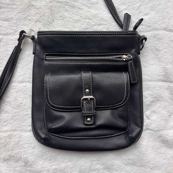 Signature Black Pebbled Crossbody Bag | Contrast Stitch & Silver Buckle | Y2K - Picture 2 of 7